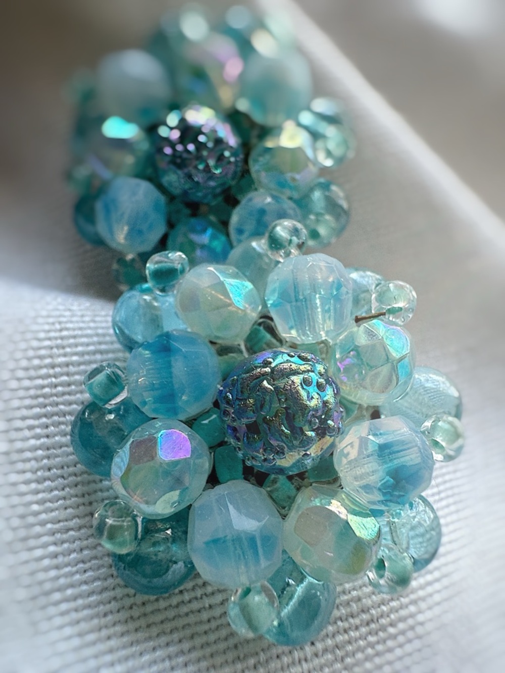 Western Germany Vintage Cluster Bead Clip-On Earrings in Aqua Blue